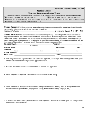 Middle School Teacher Recommendation Form - Crystal Springs ...