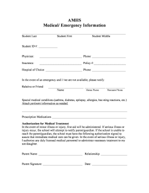Student Emergency Medical Information Form