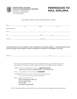 Ocean County College Diploma Mail Permission Form