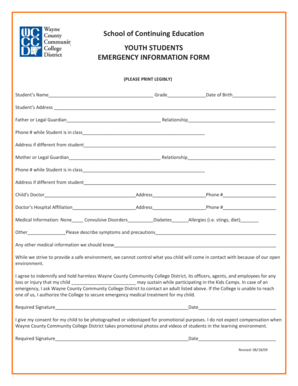 Youth Students Emergency Information Form