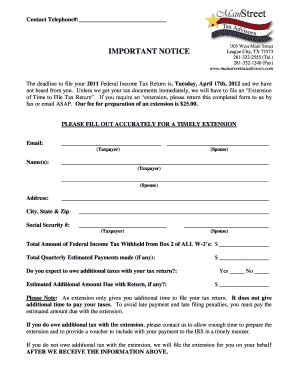 2011 Federal Income Tax Extension Request Form