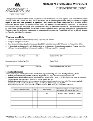 2008-2009 Verification Worksheet