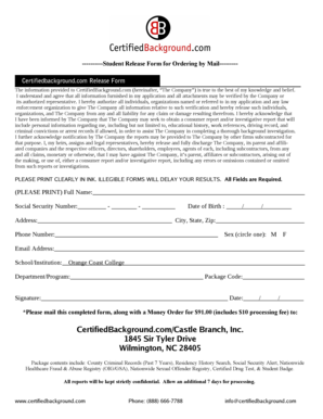 Student Release Form for Background Check