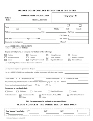 Orange Coast College Student Health Center Medical History Form