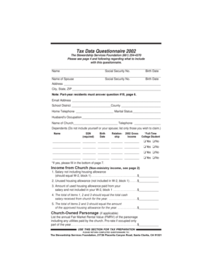 Tax Data Questionnaire 2002