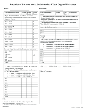 Bachelor of Business Administration Degree Worksheet
