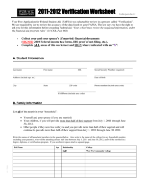 FAFSA Verification Worksheet