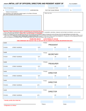 Nevada Initial List of Officers Directors and Resident Agent