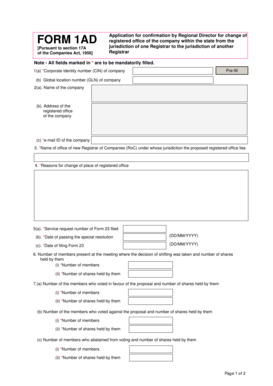 Form 1AD Application for Change of Registered Office