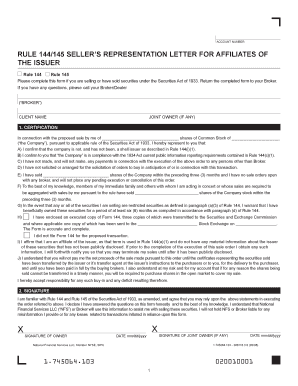 Rule 144/145 seller's representation letter for affiliates ... - Zions Direct