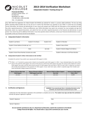 2013–2014 Verification Worksheet