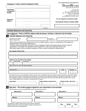 Intestate Statement and Indemnity Form
