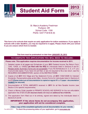 Private School Aid Service Student Aid Form