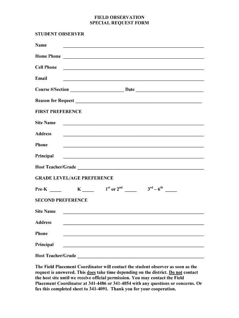 Fillable Online sunyorange FIELD OBSERVATION SPECIAL REQUEST FORM