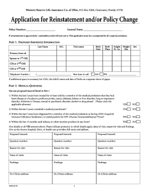 Western Reserve Life Assurance Policy Reinstatement Application