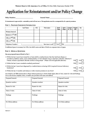 Western Reserve Life Assurance Policy Reinstatement Application