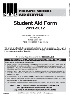 Private School Aid Service Student Aid Form