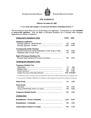 Canada Immigration Fee Schedule