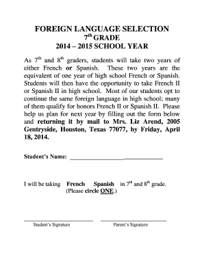 7th Grade Foreign Language Selection Form - The Village School