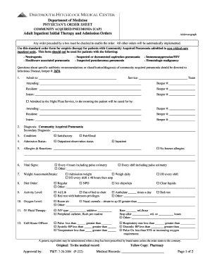 Physician's Order Sheet for Community Acquired Pneumonia