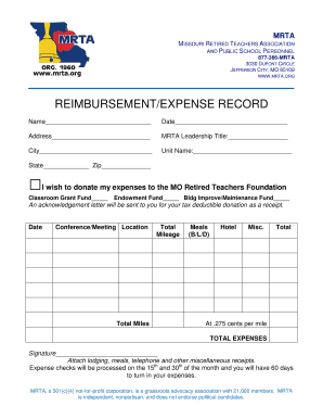 Missouri Retired Teachers Association Expense Reimbursement Form