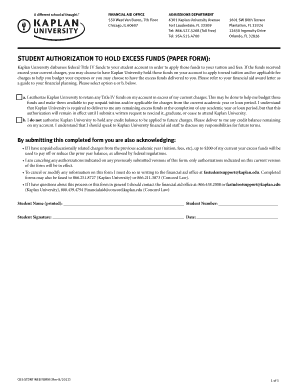 Student Authorization to Hold Excess Funds