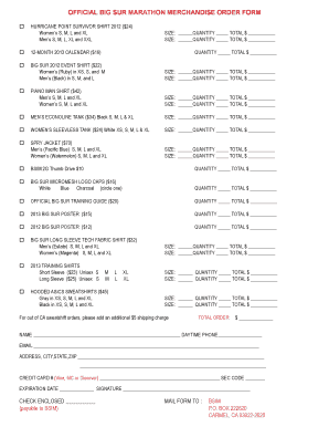 OFFICIAL BIG SUR MARATHON MERCHANDISE ORDER FORM