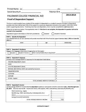 Palomar College Financial Aid Proof of Dependent Support