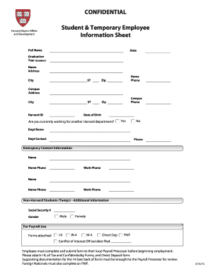 Harvard Student Temporary Employee Information Sheet