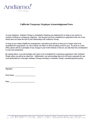 California Temporary Employee Acknowledgement Form