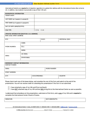 UCI International Center New Student Address Update Form