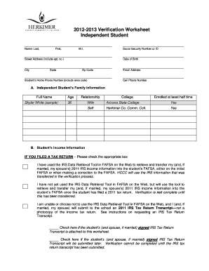 2012-2013 Verification Worksheet