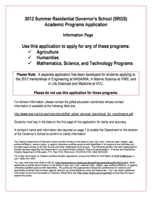 2012 Summer Residential Governor’s School Application