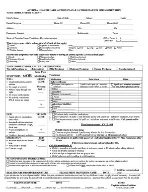 Asthma Health Care Action Plan & Authorization