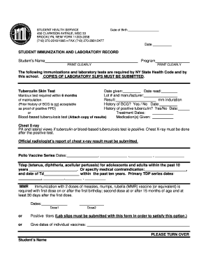 Student Immunization and Laboratory Record