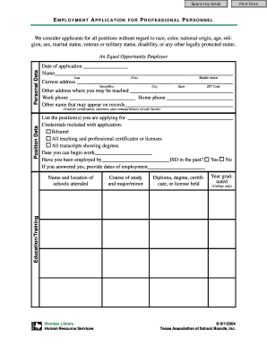 Employment Application for Professional Personnel