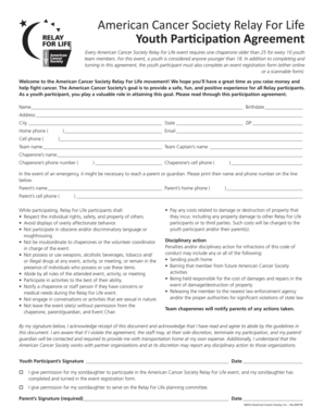 American Cancer Society Relay For Life Youth Participation Agreement