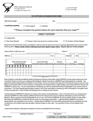 Global Employment Solutions Pay Option Authorization Form