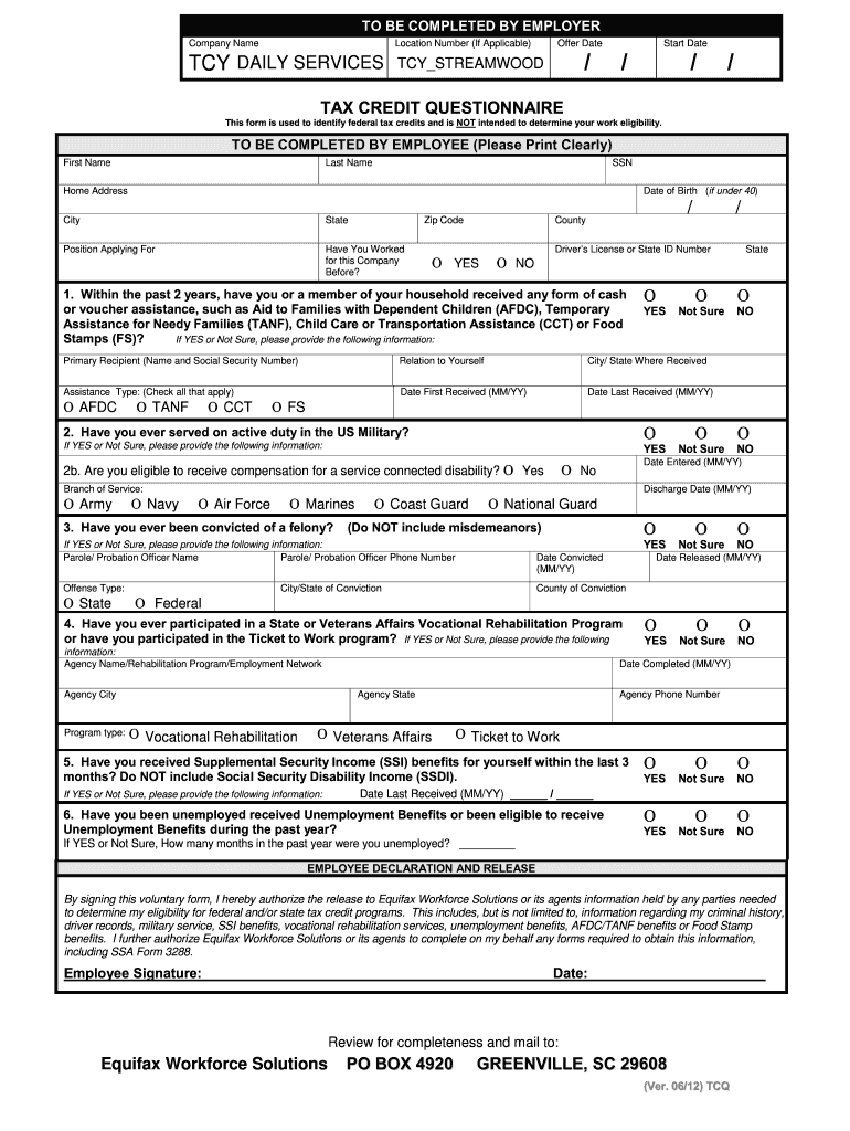 tax credit questionnaire form