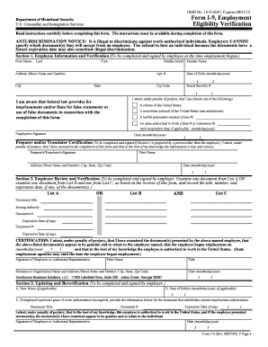 US Form I-9 Employment Eligibility Verification