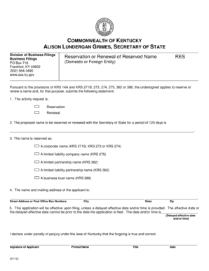 Kentucky Business Name Reservation Form