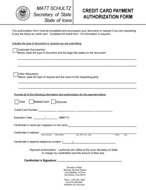 Iowa Secretary of State Credit Card Payment Authorization Form