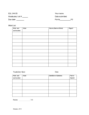 ESL Vocabulary List and Quiz