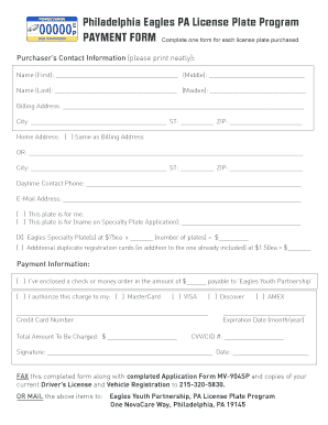 Philadelphia Eagles PA License Plate Payment Form