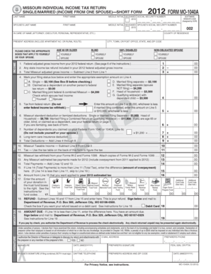 Missouri Individual Income Tax Return Form MO-1040A