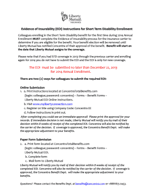 Evidence of Insurability Form for Short Term Disability