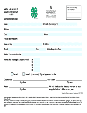 Maryland 4-H Dog Identification Card