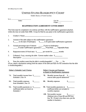 Reaffirmation Agreement Cover Sheet