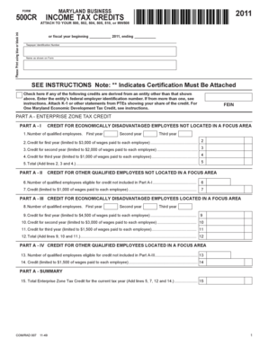 Maryland Business 500CR Income Tax Credits 2011