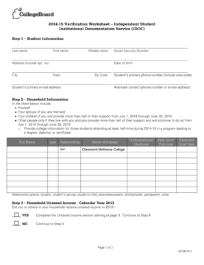2014-15 Verification Worksheet – Independent Student